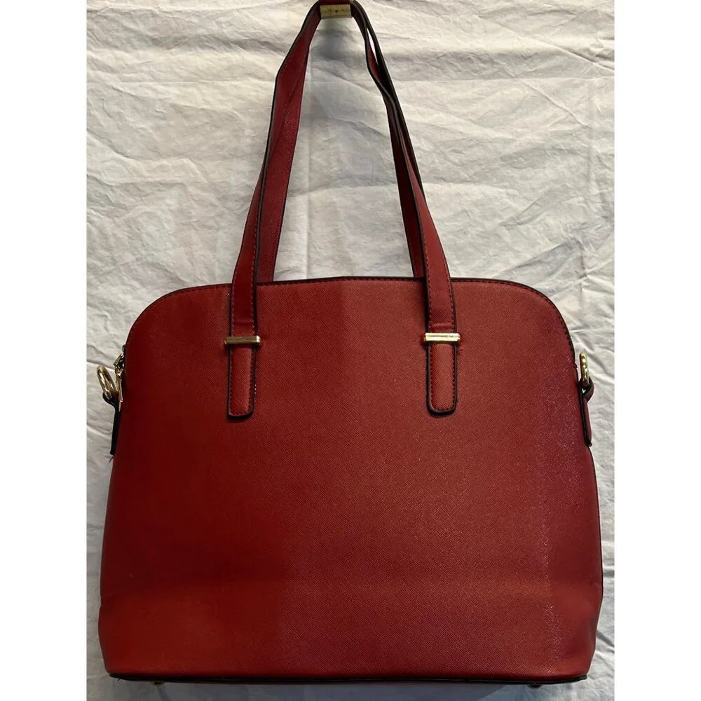 Red Solid Pattern Faux Leather Tote Bag Top Zip Inner Pockets with Strap 15”x12” - Picture 2 of 6